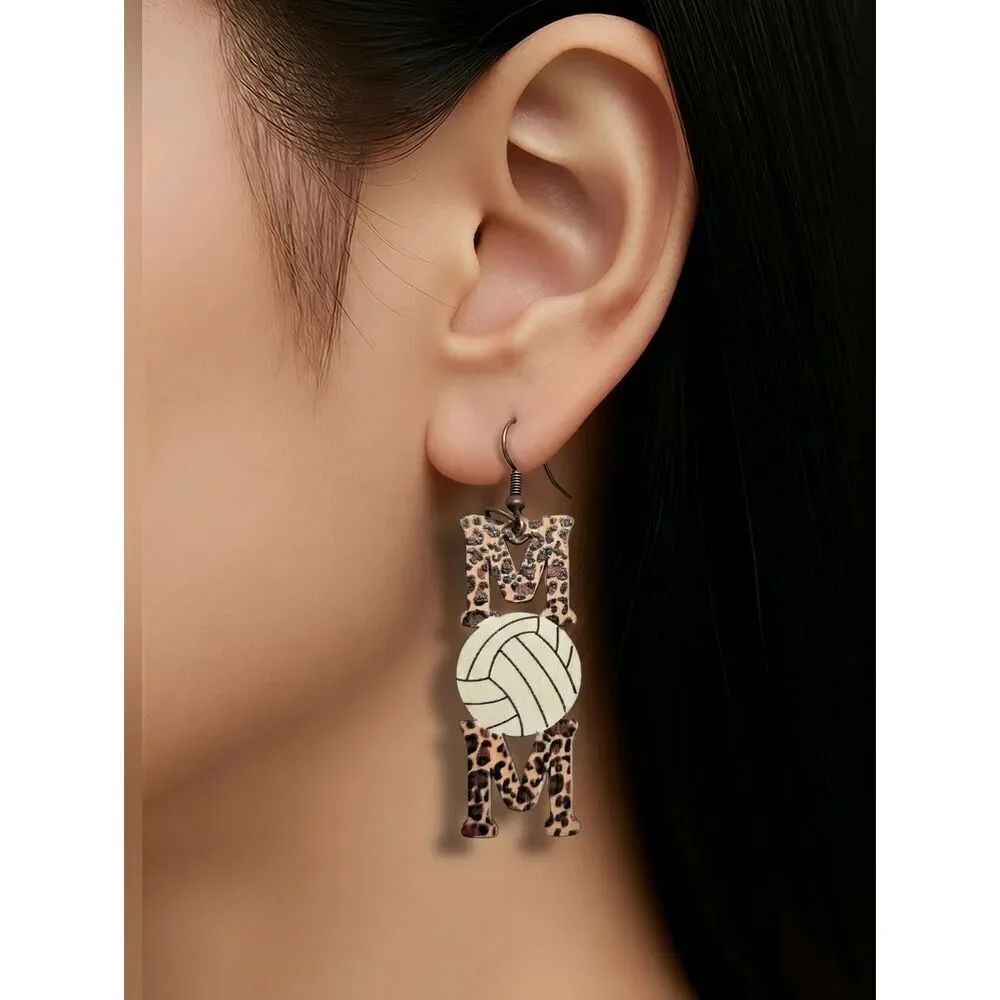 Volleyball MOM 🏐 Dangle Earrings Wooden Leopard Letters Gift VB Summer Olympics